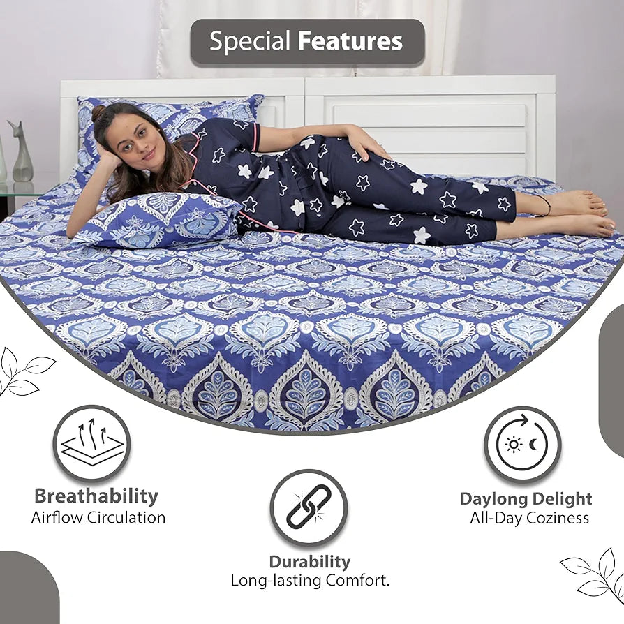Divine Casa 144 TC 100% Cotton Single Bedsheet with 1 Pillow Cover Floral Pattern Colour Dazzling Blue