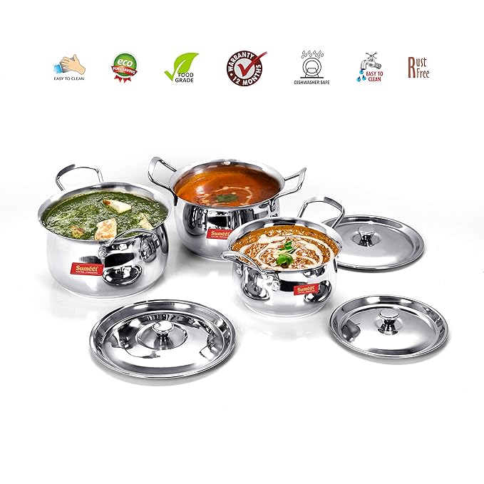 Sumeet Stainless Steel Handi with Lid 1.1 LTR| 1.6 LTR| 2.1 L| 3 Piece (Steel)