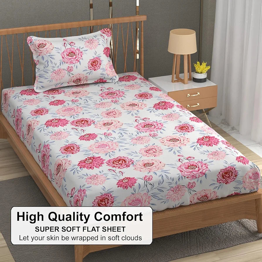 Fresh From Loom Floral Print 240 TC Single Bed Microfiber Bedsheet Set 1 Pillow Covers Rose-Offwhite