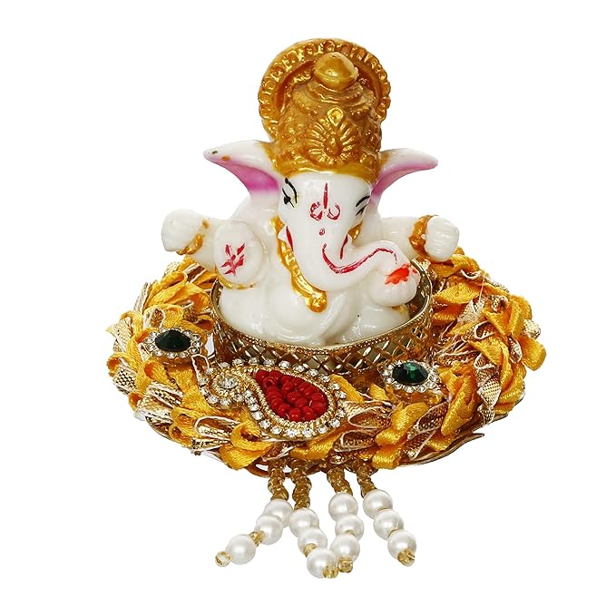 Ecraftindia Lord Ganesha Idol on Gottapatti Work Decorative Handcrafted Plate