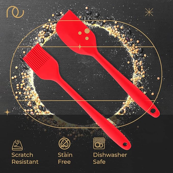 Frenchware Set of 2, Red Oil Brush for Cooking & Non-stick Silicone Spatula Baking & Mixing | Seamless Design