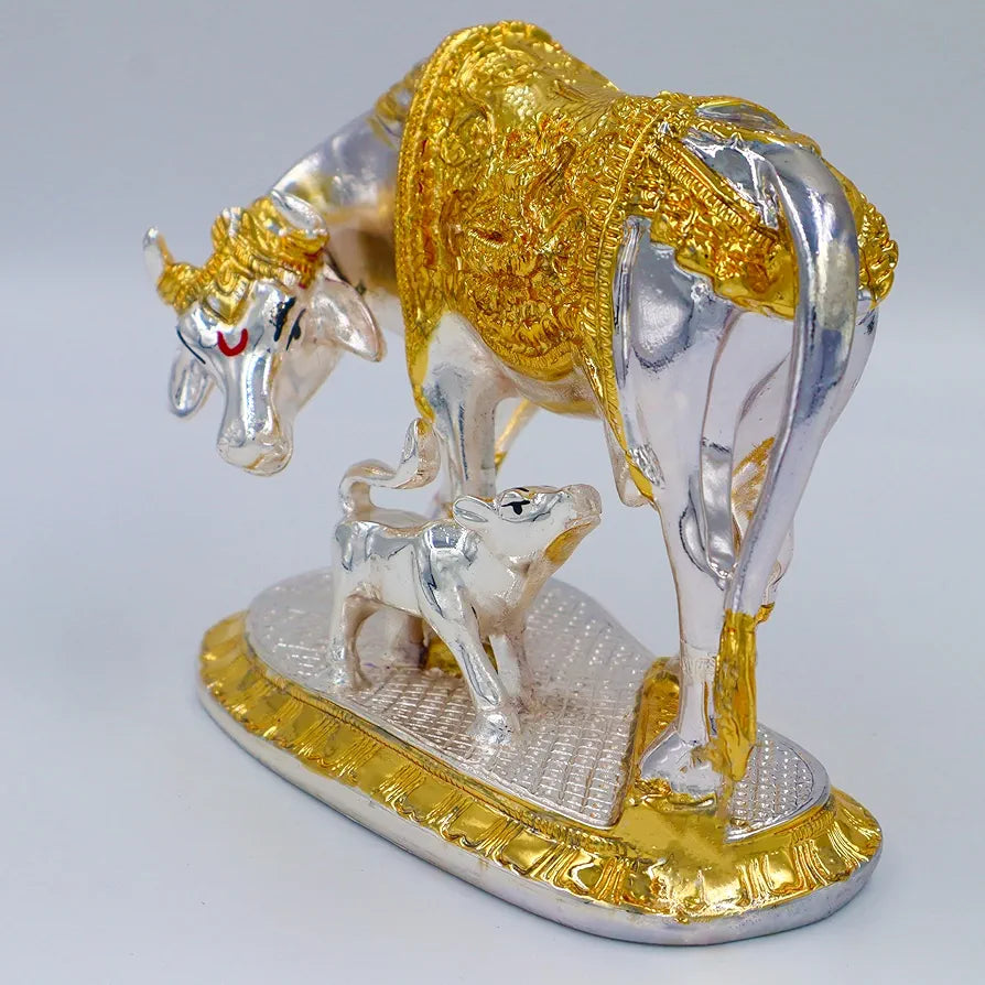 Jaipur Ace Kamdhenu Cow With Calf Statue Standard Size Golden 2 ton Cow And Calf