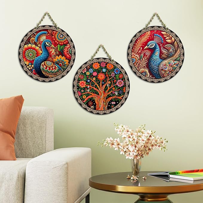 Artvibes Decorative Peacock Art Wooden Wall Hanging Decoration Items for Home | Set of 3