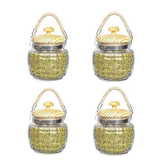Femora Kitchen Storage Jars Embossed Glass Jar With Wooden Lid & Jute Chain Air Tight Jar | 500 Ml | Pack of 4