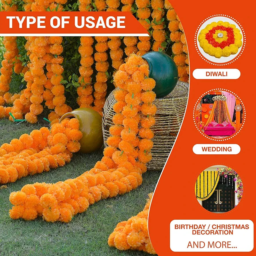 Artificial Marigold Flowers For Decoration Garland 5 Feet Long 5 Pcs 152.40 CM Orange
