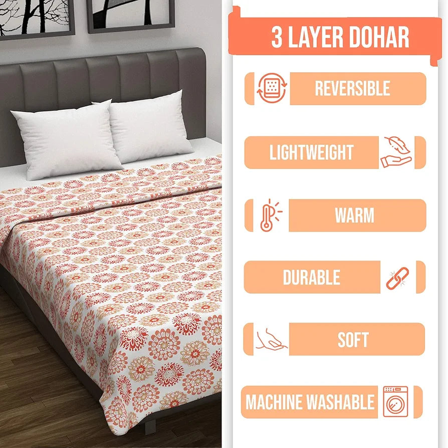 Divine Casa Floret 100% Cotton Single Dohar 120 GSM Soft & Lightweight Throw Blanket Colour Red Orange