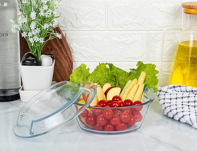 Femora Borosilicate Serving Bowl | Glass Casserole Set, Glass Bowl With Lid, Microwave Safe Bowl Set | 1000 Ml