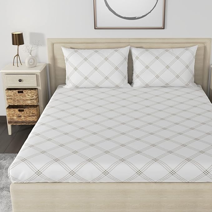 Huesland by Ahmedabad Cotton 186 TC Cotton Bedsheet for Double Bed King Size with 2 Pillow Covers | White (Blue Pattern)