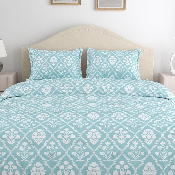Haus & kinder Cotton Queen Size Bedsheet for Double Bed (90 X 100 Inches) with 2 Pillow Covers | 186 TC | Blue & White