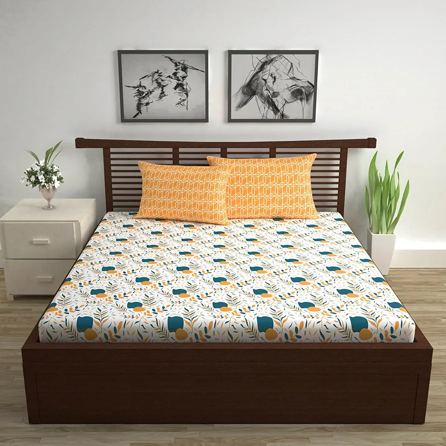 Divine Casa 144 TC Cotton Bedsheet for Double Bed with 2 Pillow Cover Colour Teal Mustard