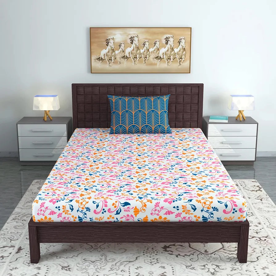 Divine Casa Bedsheet for Single Size Bed 144 TC Cotton Bedsheet for Single Size Bed with 1 Pillow Cover  Floral Colour Peach Blue
