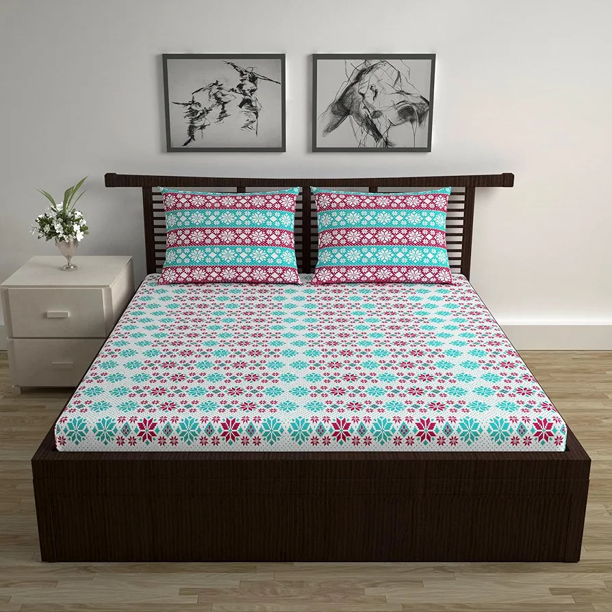 Divine Casa 144 TC Cotton Bedsheet for Double Bed with 2 Pillow Cover Colour Aqua Scarlet