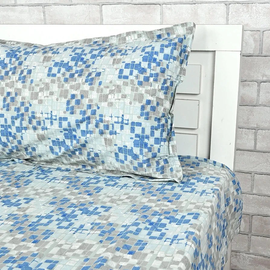 Divine Casa 144 TC Pure Cotton Double Bed Bedsheet with 2 Pillow Covers Mosaic Bloom Colour Blue Grey