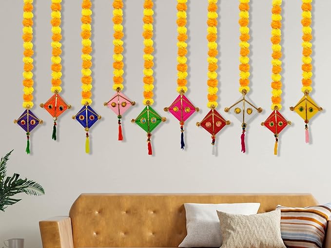 Handmade Artificial Marigold Fluffy Flowers Colorful Woolen Kite Hanging 42 Inches Height Approx