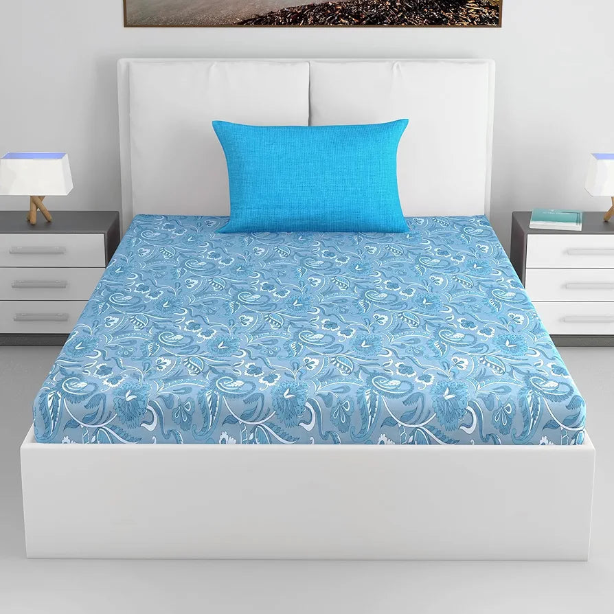 Divine Casa 144 TC 100% Pure Cotton Single Size Bedsheet with 1 Pillow Cover Floral Paisley Colour White Aqua Blue
