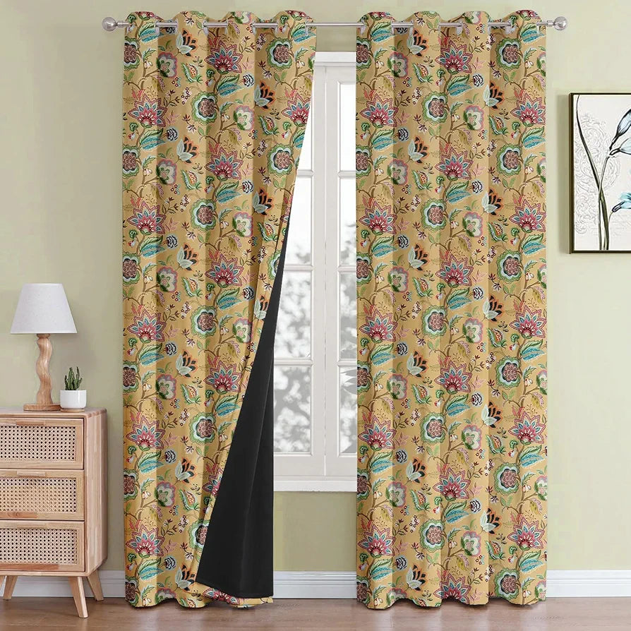 Cloth Fusion Blackout Printed Premium Door Curtains 7 Feet Long Set of 2 Yellow Garden
