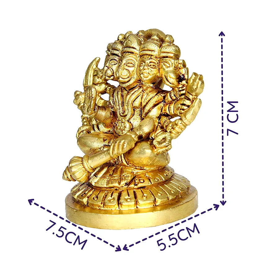anciently Panchmukha Hanuman Sitting Brass Idol | Sitting Panchmukhi Hanuman Brass Statue | Sitting Brass Panchmukhi Hanuman 7cm Height, Gold Colour
