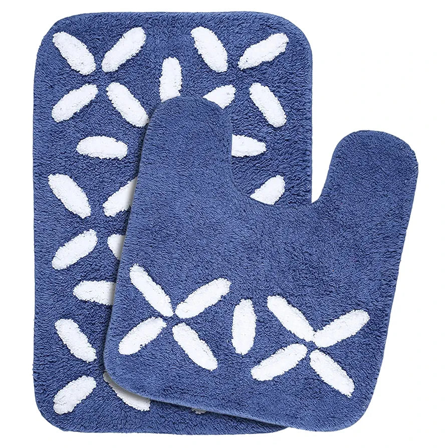 Saral Home Cotton Rectangular Bathmat With Contour Mat Colour Blue
