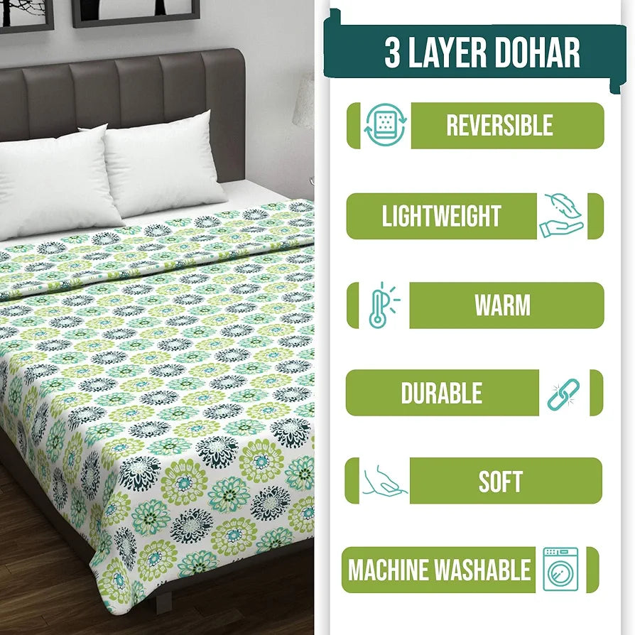 Divine Casa Floret 100% Cotton Single Dohar 120 GSM Soft & Lightweight Throw Blanket Colour Green Blue