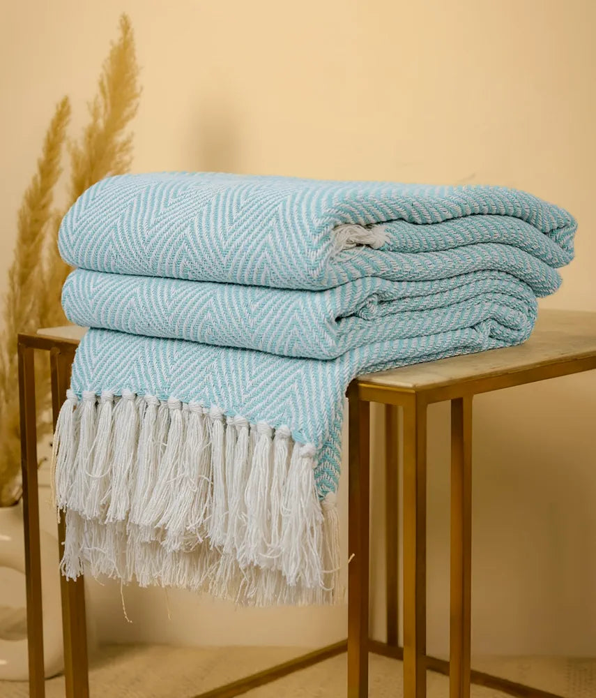Sajavat Home Hand Knitted Pure Cotton 3 Seater Sofa Throw Colour Sky Blue