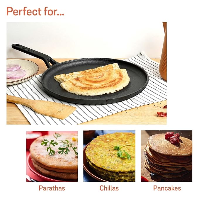 Meyer Pre-Seasoned Cast Iron Flat Dosa Tawa Pan with Stick Handle 24cm Black