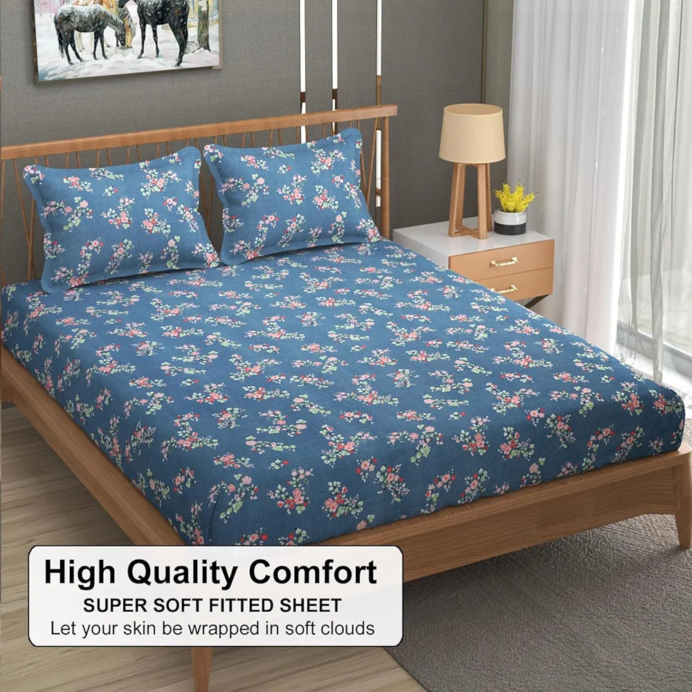 Fresh From Loom Anti Fade Floral Print 240 TC Microfiber King Size Fitted Bedsheet with 2 Pillow Covers Greyish-Blue
