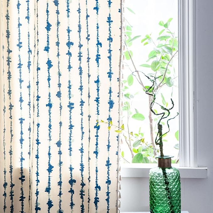 Huesland Cotton Curtains for Windows, 5 Feet Long 1 Bohemian Eyelet Curtain | Blue Vertical Stripes