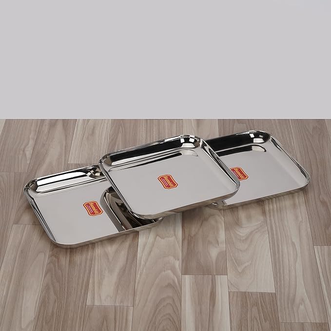 Sumeet Stainless Steel Medium Square Shape Plate Set of 3pcs 20cm Silver