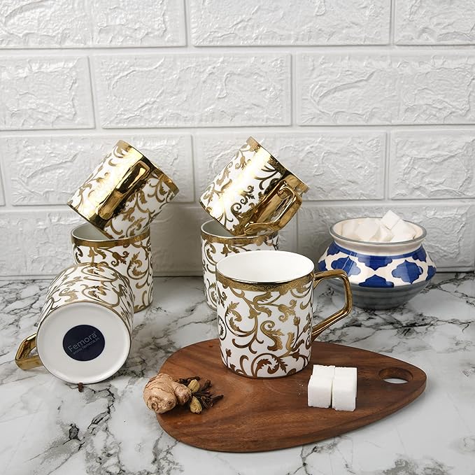 Femora Gloden Floral Motif Pattern Golden Tea Mugs, Ceramic | Coffee Mugs | 180 Ml | Golden | 6 Pcs Set | Not Microwave Safe
