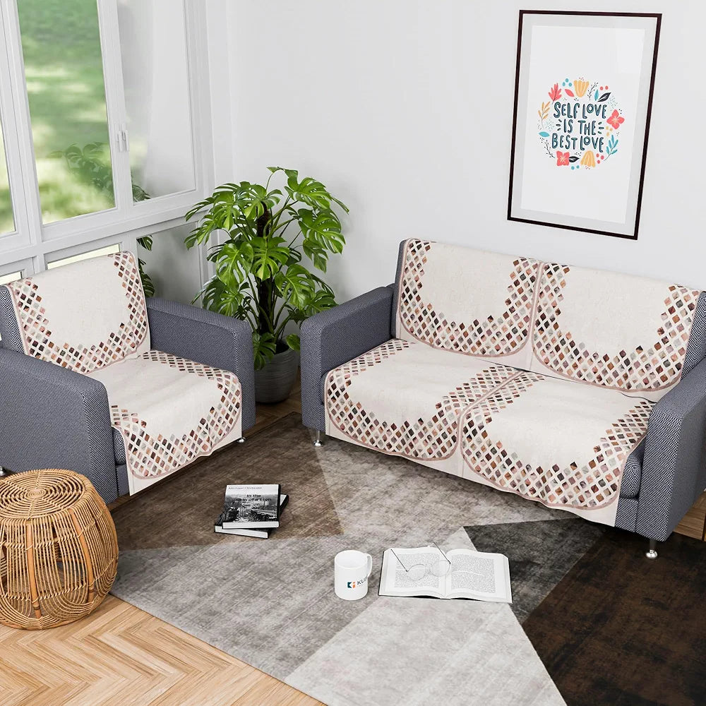 Kuber Industries Set of 6 Velvet 2+1 Seater Sofa Covers Dot Border Cream & Brown