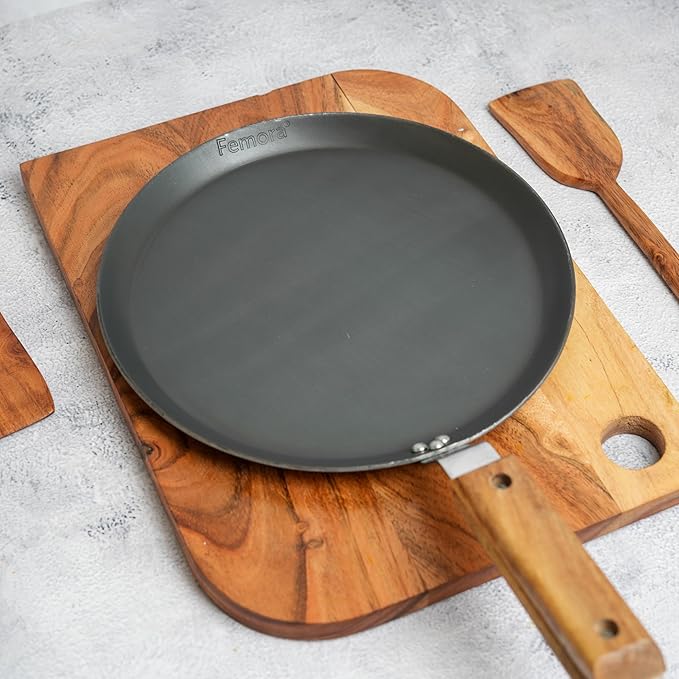 Femora 10 Inchs Iron Flat Tawa With Wooden Handle | Tawa for Roti