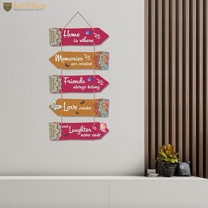 Artvibes Home Quotes Decorative Art Mdf Wooden Wall Hanger for Living Room | Set of 5