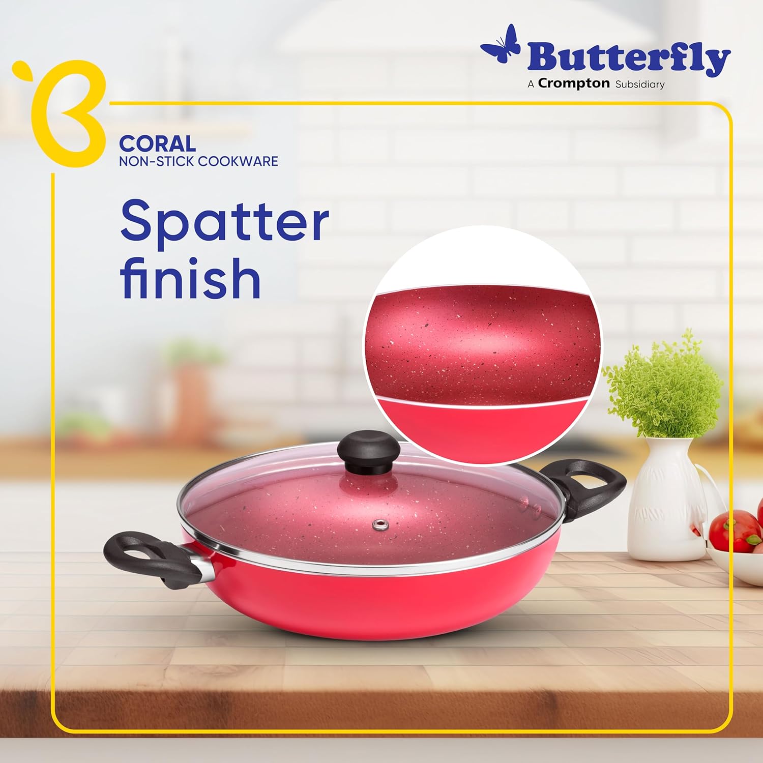 Butterfly Coral DLX Granite Non Stick Kadai with Glass Lid | Premium Virgin Aluminium | Induction Base