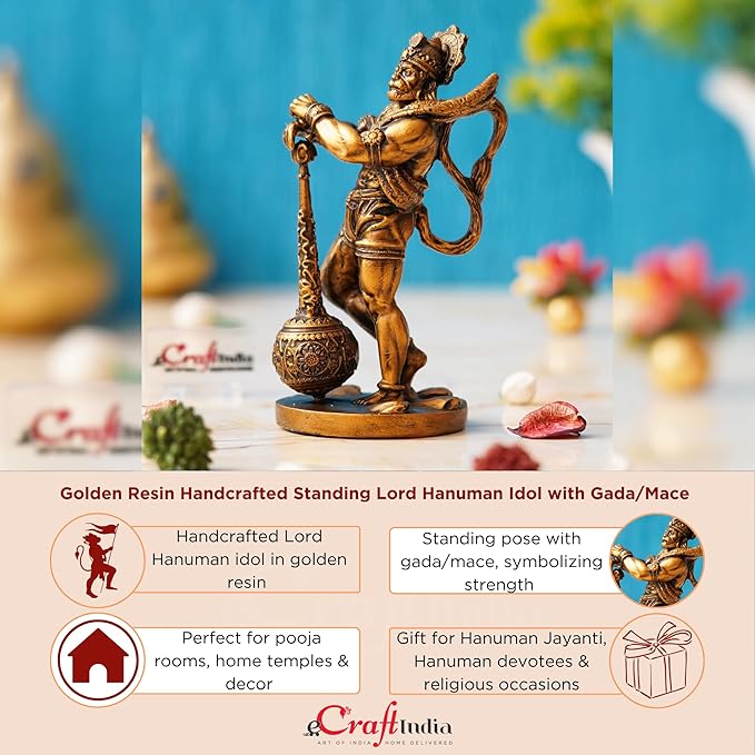Ecraftindia Golden Polyresin Handcrafted Standing Lord Hanuman Idol With Gada/ Mace | Ideal for Hanuman Jayanti