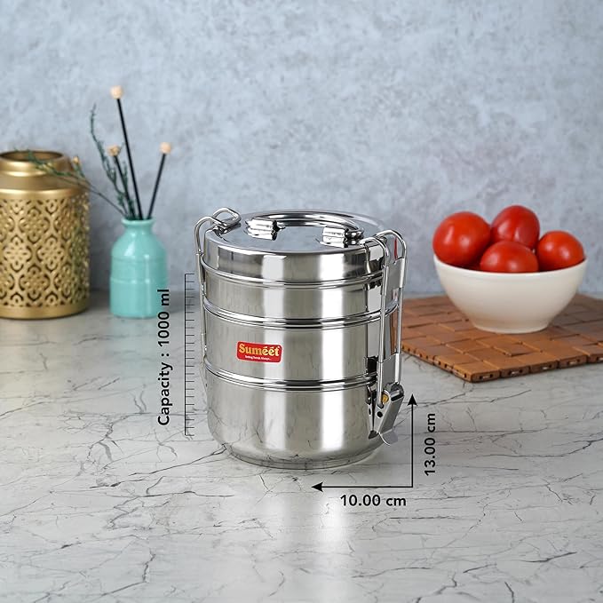Sumeet Stainless Steel Small Size 3 Compartment Lunch Box/Tiffin 10Cm (1000 ml Silver)