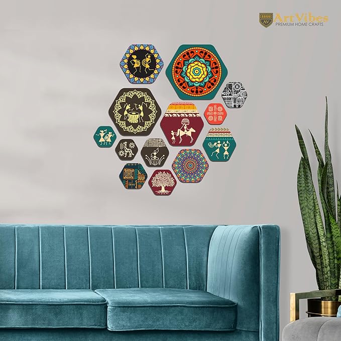 Artvibes Designer Wooden Wall Hanging Decoration for Home | Pack of 13 Pieces