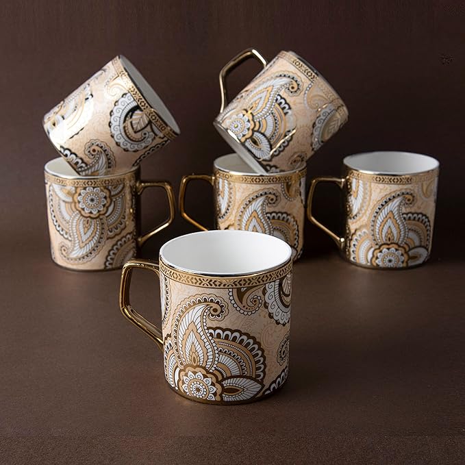 Femora Floral Pattern With Radial Background Golden Coffee Mugs | 180 Ml | Golden | 6 Pieces Set | Not Microwave Safe