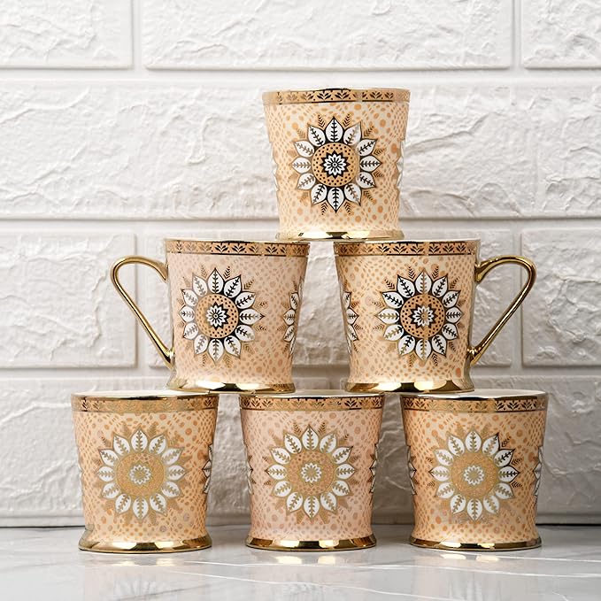 Femora Lotus Pattern With Golden Handle Golden Coffee Mugs | 180 Ml | Golden | 6 Pieces Set | Not Microwave Safe