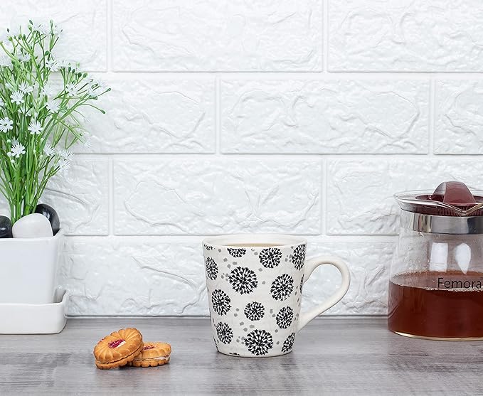 Femora Decal Stoneware Coffee Mugs | 320 Ml | Floral Cracker | Set of 2 | Dishwasher Safe