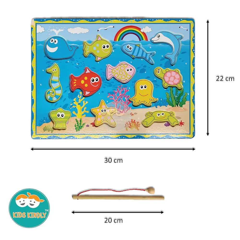 KIDS KINDLY Wooden Magnetic Fishing Game for Kids, Thread Lacing Activity, Promotes Fine Motor Skills, Improve Hand-Eye Coordination, Increases Attention, Fish Catching Game for Kids - 3 Years+