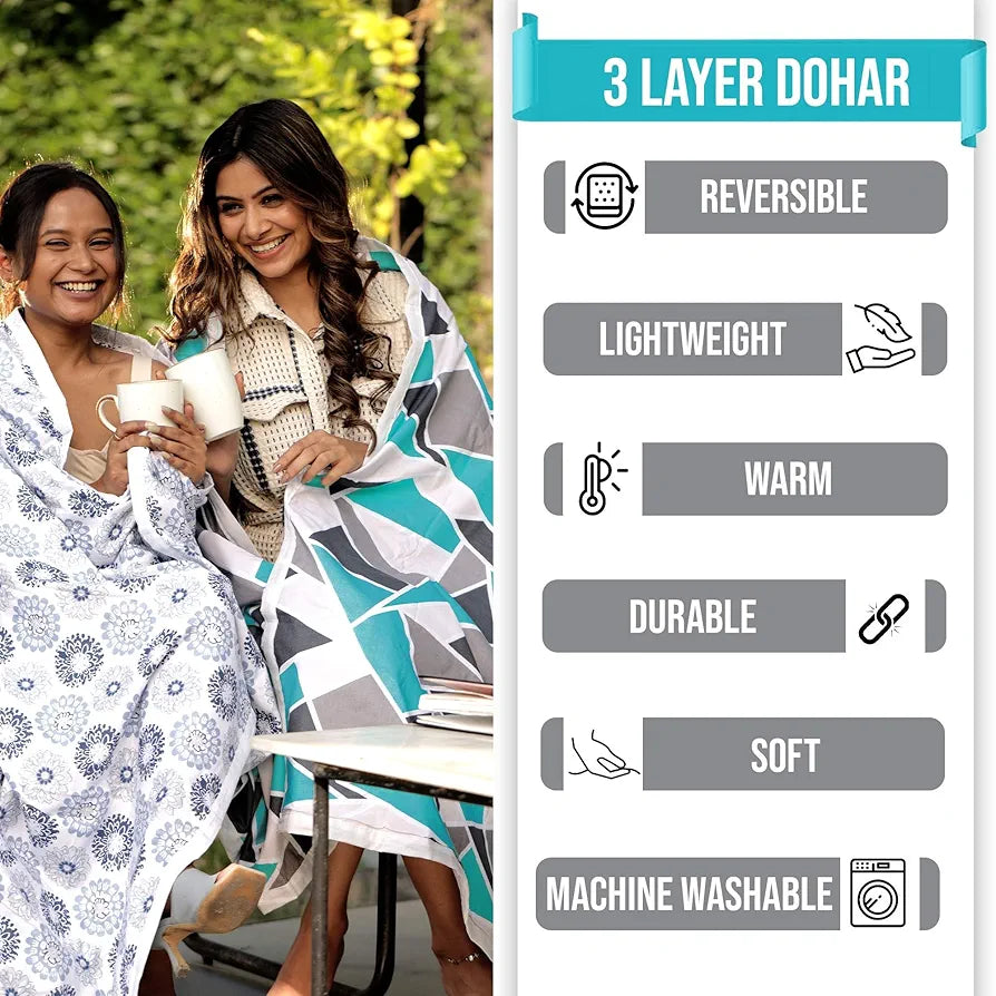 Divine Casa 100% Cotton 144 TC Reversible Geometric Printed Single Bed AC Dohar Blanket for Mild Winter TC - 144 Colour Crystal Teal