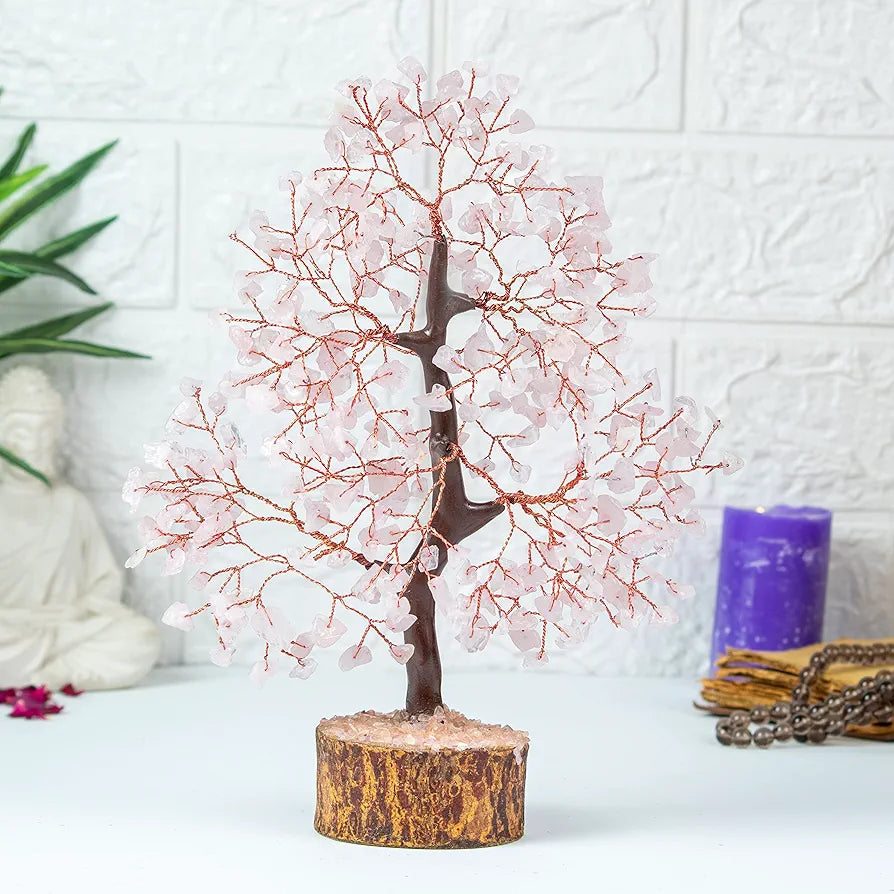 Bezavo Rose Quartz Crystal Feng Shui Tree Silver Wire