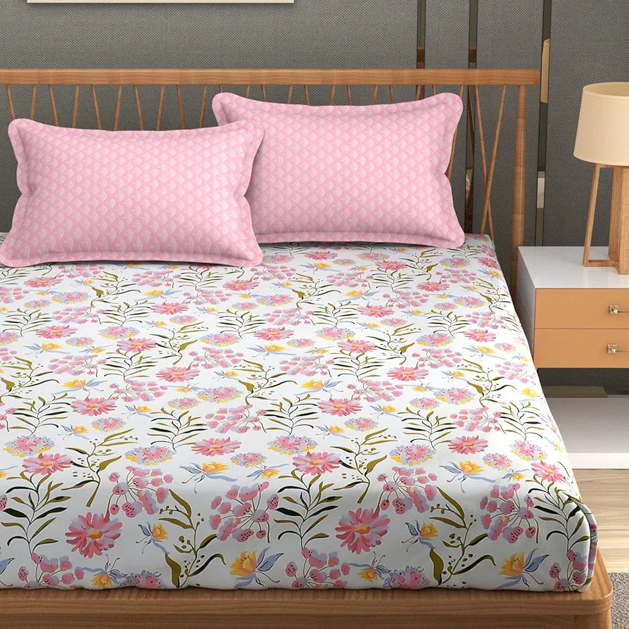 Fresh From Loom Floral XXL Microfiber Soft Cotton Bedsheet 240 TC King Size Bed Cover with 2 Pillow Cover Pink White