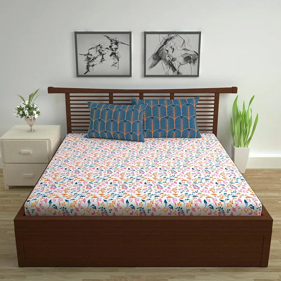 Divine Casa Double Size Bedsheet for Double Bed 144 TC Pure Cotton Queen Size with 2 Pillow Covers Floral Colour Peach Blue