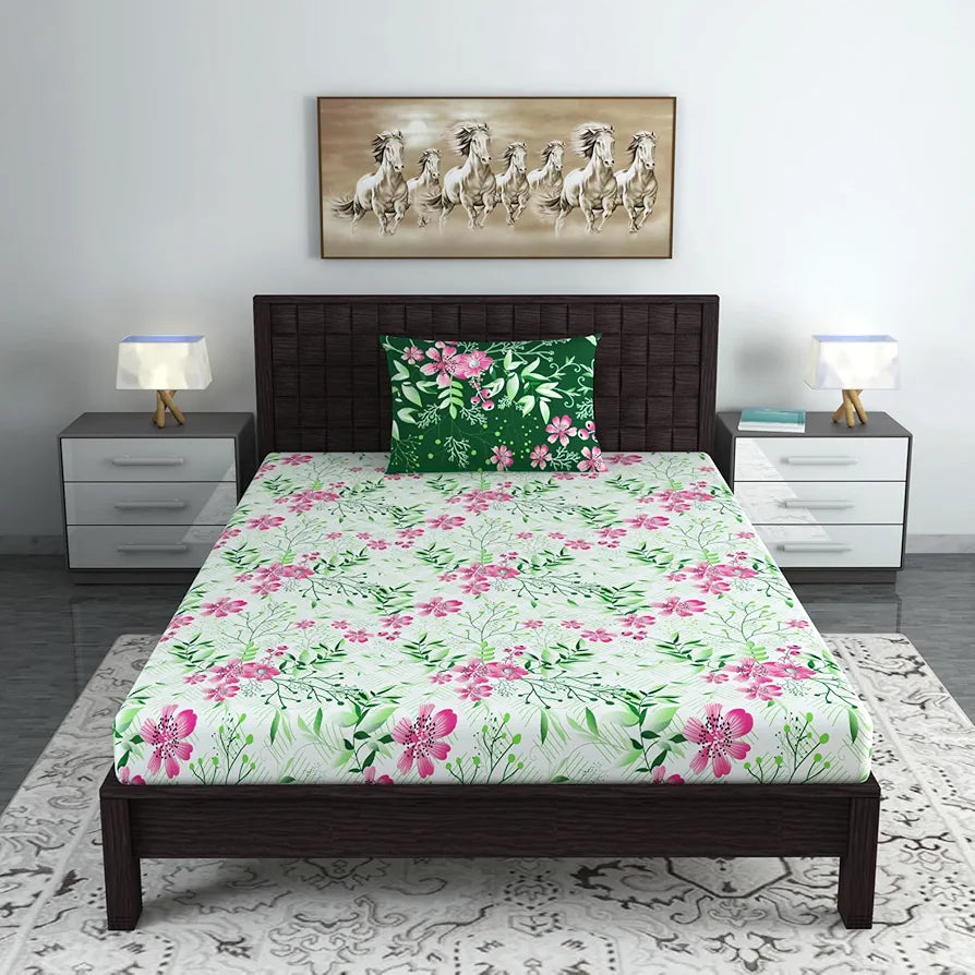 Divine Casa Bedsheet for Single Size Bed 144 TC Cotton Bedsheet for Single Size Bed with 1 Pillow Cover  Floral Colour Mint Pink