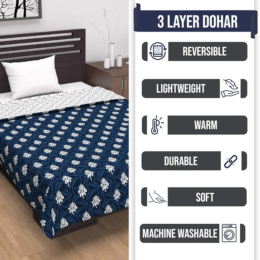 Divine Casa Printed Microfiber 120 GSM Reversible Dohar Blanket for Single Bed Lightweight AC Blanket Colour Navy Blue & White