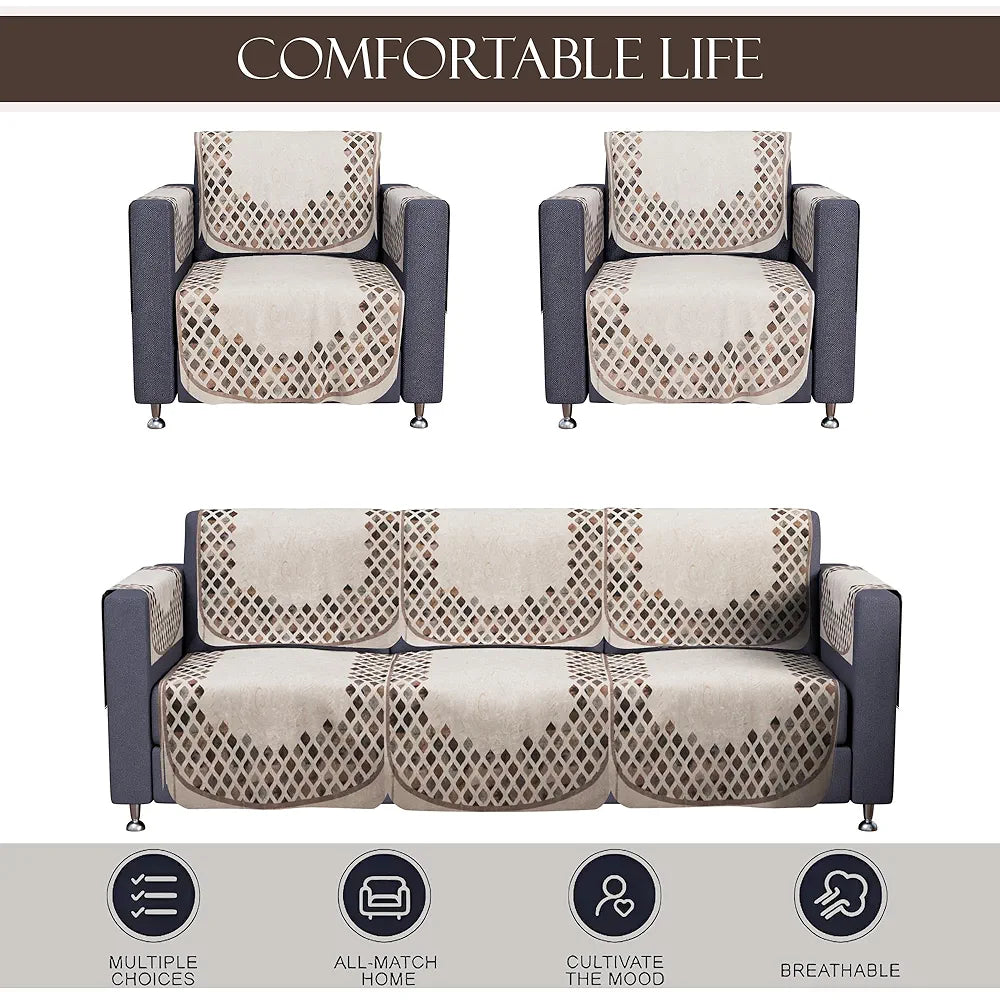 Kuber Industries Set of 16 Velvet Anti-Skid Sofa Cover 5-Seater with Arm Cover Dot Border Cream & Brown