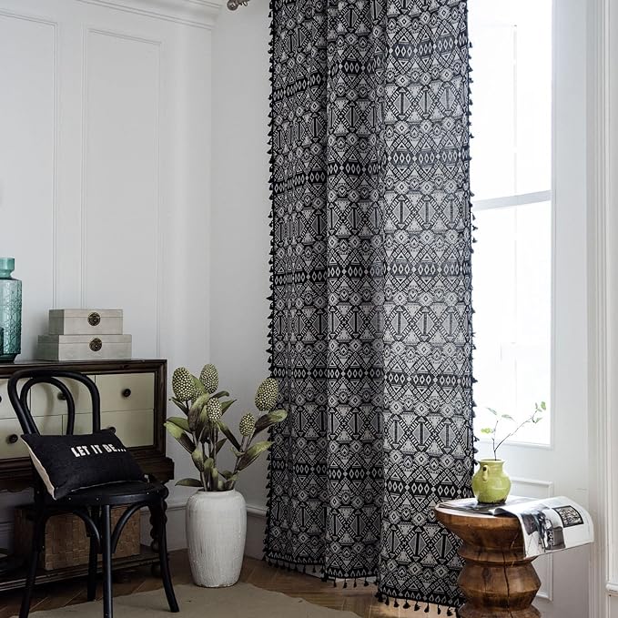 Huesland Cotton Curtains for Door, 7 Feet Long 1 Bohemian Eyelet Curtain | Geometric Black