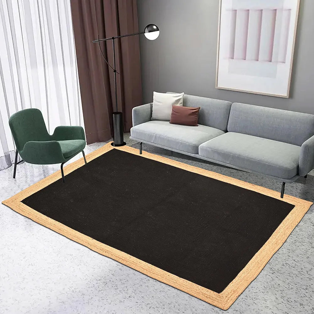 Kuber Industries 5x7 Feet Reversible Carpets for Living Room Machine Washable Border Black & Beige