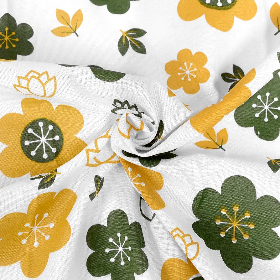 Divine Casa Bedsheet for Single Size Bed 144 TC Cotton Bedsheet for Single Size Bed with 1 Pillow Cover  Floral Mustard Colour Green